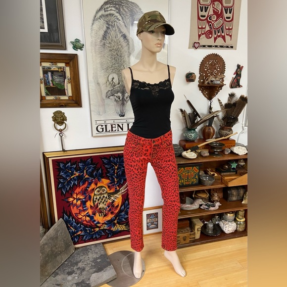 Orangish-Red Skinny Jeans with Black Leopard Spots - Picture 4 of 11